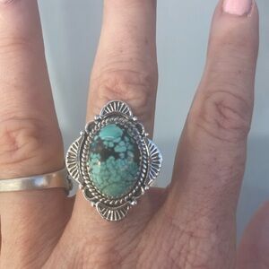 Hubei Turquoise Oval Ring with Intricate 925 Silver Setting😵